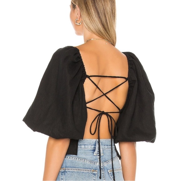 LPA Revolve Alice Linen Black Puff Sleeve Top Size M - Picture 4 of 12